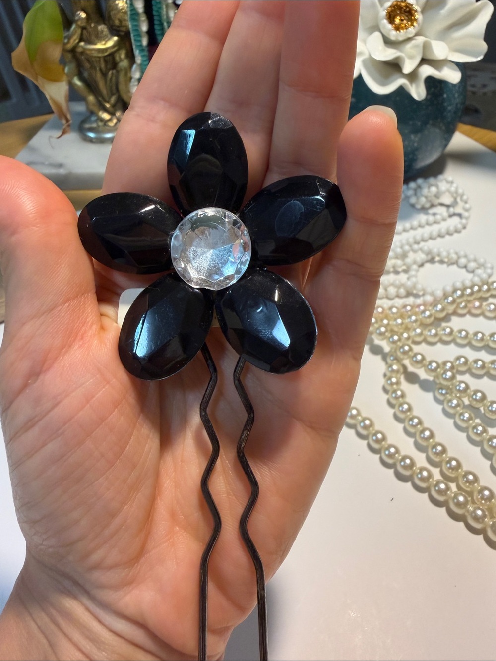 Vintage rare Black Gem Flower Hair Pin with Clear Crystal Center